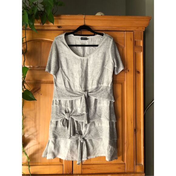 “Muza Poland Linen Dress – Gray, Short Sleeve, Artistic Knit Details (M - Picture 2 of 14